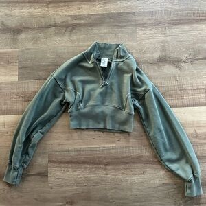 Green Cropped Quarter-Zip Sweatshirt